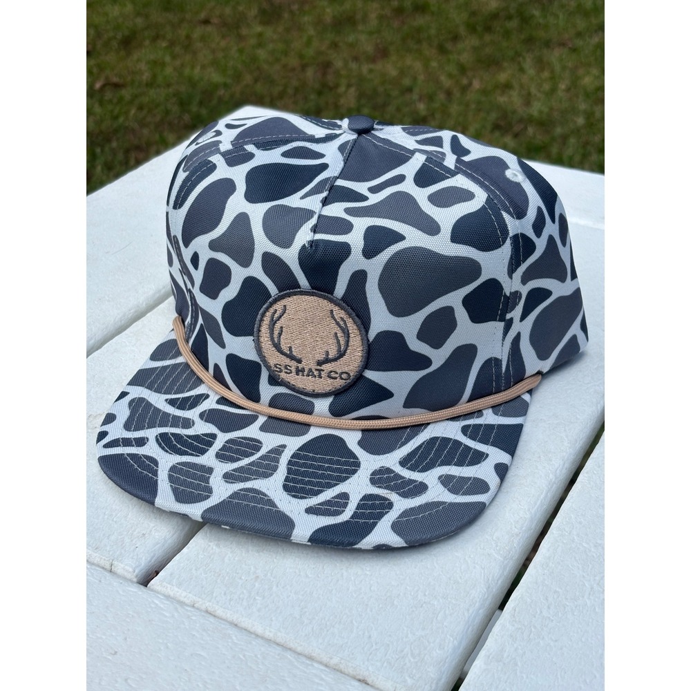 Southern String Hat Co Grey Cow Print Snapback Hat Antler Patch Rope Detail